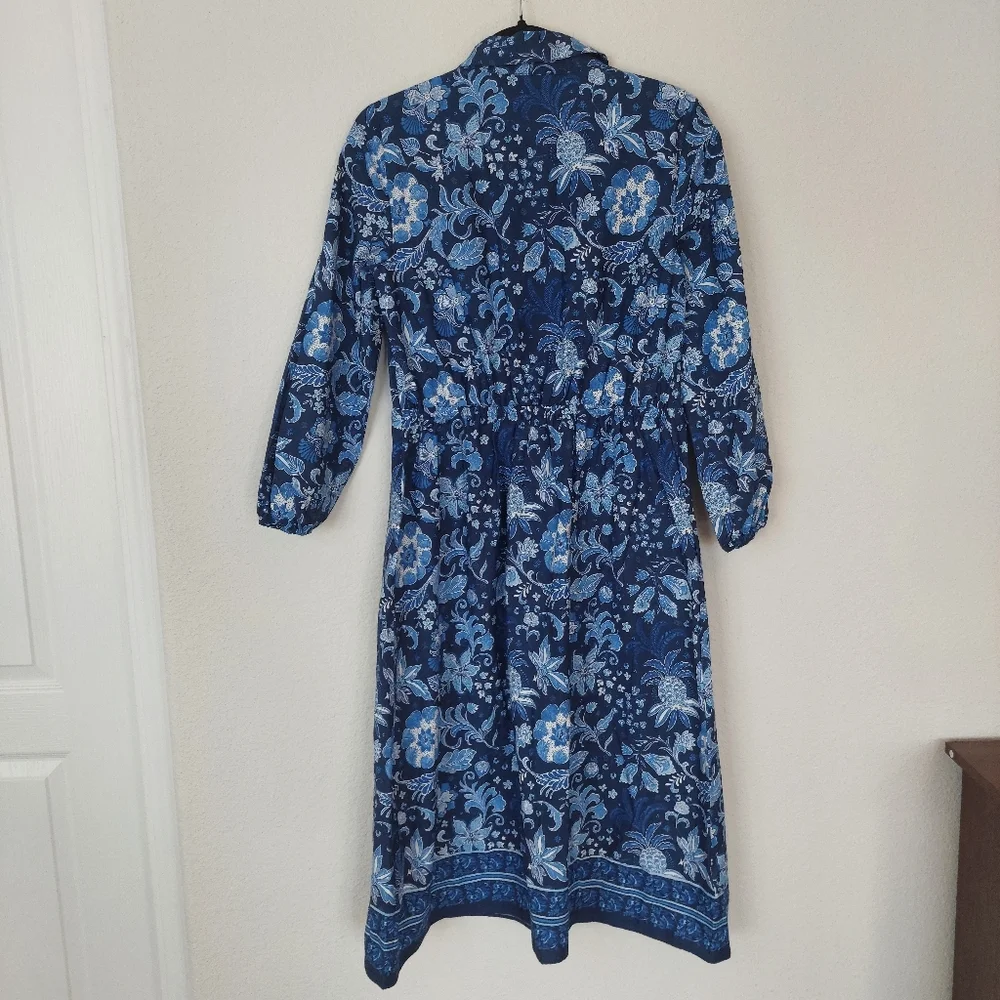 Talbots Blue Button Down Bishop‎ Sleeves Floral Midi Dress Size 4